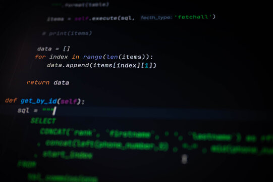Close-up of Python loop extracting data from SQL results and defining a get_by_id function for targeted database queries. Ideal for backend development, data processing, and IT tutorials.