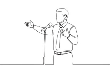 Continuous Line Drawing of a man speaking at a podium with a microphone, gesturing with his hands