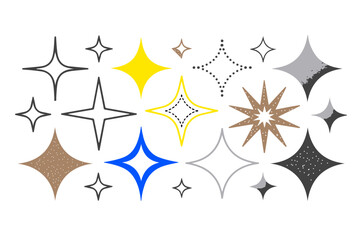 Glossy festive stars in varied shapes and colors. Shiny icons for Christmas, night sky, awards, and celebrations. Bright colorful vector symbols for creative and holiday design.