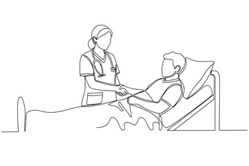 Continuous Line Drawing of a nurse holding patients hand in hospital bed