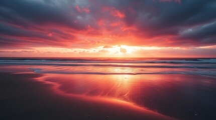 Crimson Sunset at Shoreline: The sky ablaze with fiery hues, casting a warm embrace over tranquil sea and shoreline. Capturing nature's breathtaking display of color and serenity.