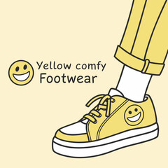 Vector art of a yellow sneaker with a smiley face, paired with matching pants, embodying a cheerful and comfortable style, ideal for fashion illustrations and trendy designs