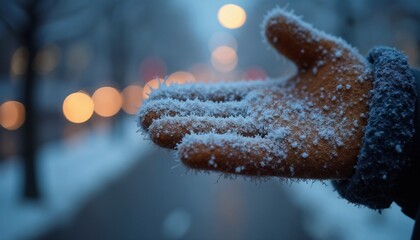 Snow patterns on a mitten. The city lights are blurred in the background. An image of winter activity, fresh air, and the beauty of nature in the city