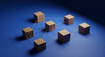 Wooden blocks connected symbolizing network, teamwork, and business strategy