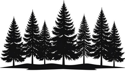 A stylized silhouette of multiple pine trees against a plain white background.