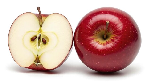 A whole, vibrant red apple and a sliced half are beautifully isolated on a clean white background. The detailed studio shot reveals the glossy skin, fresh interior, core, and seeds. This footage is pe