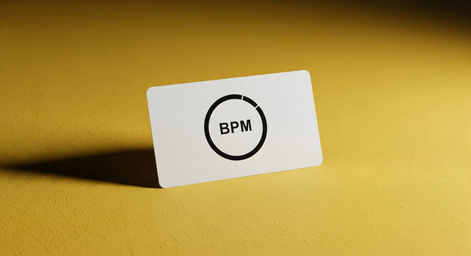 BPM symbol on a white card against a bright yellow background, minimalist design