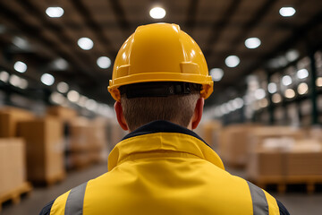 Warehouse worker in safety gear, ensuring workplace safety, focusing on warehouse organization, inventory management, and efficient logistics operations.