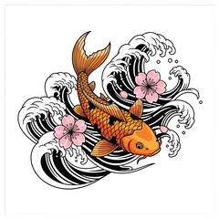 Koi Fish in Japanese Waves with Cherry Blossoms Tattoo Design Asian Art Aquatic Animal