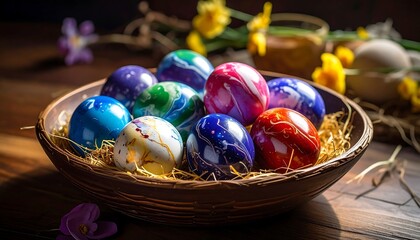 Vibrant Easter Eggs in a Rustic Basket