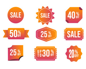 Collection of orange promotional discount tags and sale labels. Modern vector stickers with special offers, percentages, clearance, and retail designs for marketing and advertising
