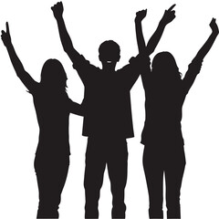Silhouettes of three people celebrating with arms raised in the air