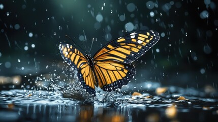 Butterfly on Water Splash with Rain Drops