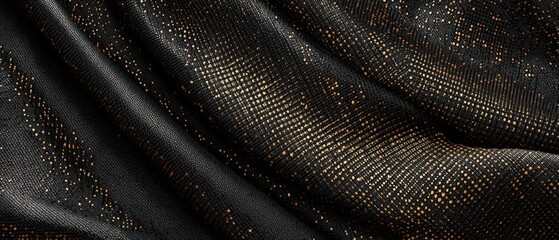 An elegant black fabric shimmers with golden dots, creating a luxurious and sophisticated texture for fashion or design projects.