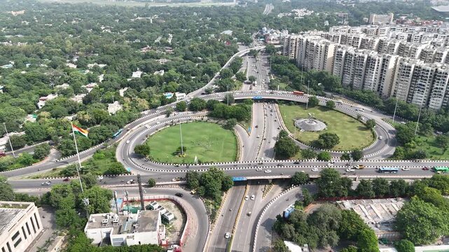 Aerial shot of the flyover with running traffic Near AIIMS New Delhi, India