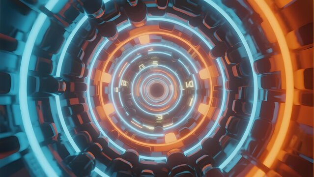Futuristic circular tunnel with glowing neon lights and digital countdown numbers