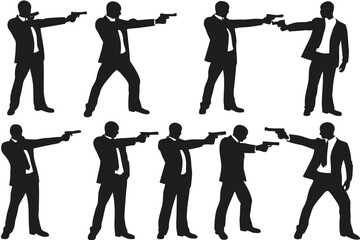 Silhouettes of men in suits aiming pistols dynamic action poses shown