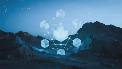 Floating translucent cubes connected by lines over a mountainous landscape under a starry night sky