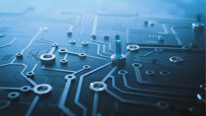 Close-up view of a circuit board with illuminated blue components and intricate electronic pathways