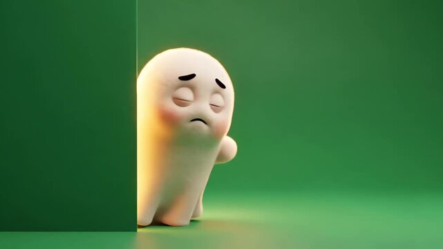 A shy, cute ghost peeking from behind a green wall with a worried expression