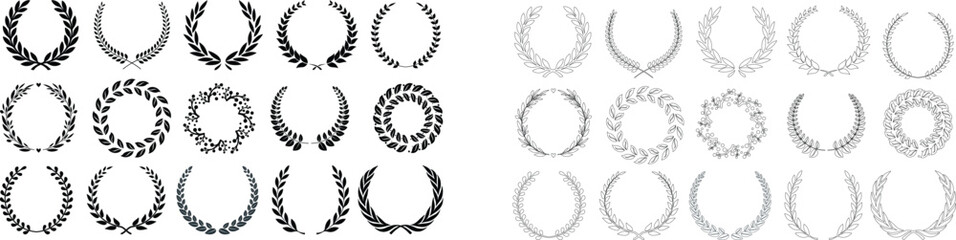 Laurel wreath icon set. Black circular laurel olive branches greek wreath. Vintage laurel wreaths. Winner award of olive leaves, stars of victory, achievement heraldry symbol. Vector illustration.
