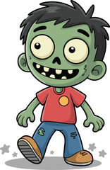 Cartoon zombie boy, green skin, big eyes, red shirt, blue jeans, playful pose, Halloween character, fun monster, animated illustration