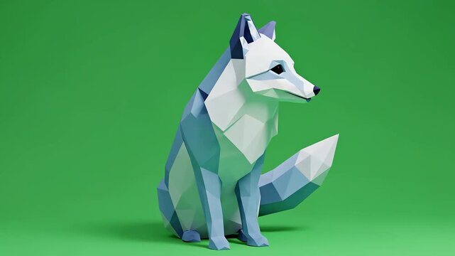 Low poly arctic fox figurine on a green background