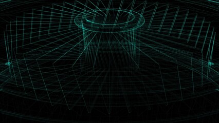 Futuristic Wireframe Structure with Geometric Lines and Glowing Blue Grid