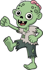 Cartoon zombie girl, green skin, big eyes, pink bow, tattered clothes, dancing pose, playful monster, Halloween character, creepy illustration