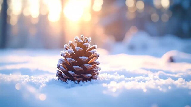 Pine Cone in Winter Snow Landscape