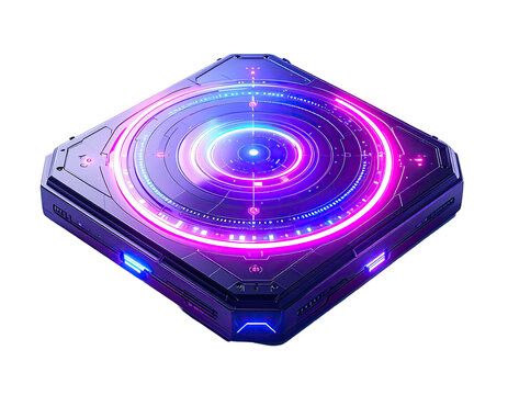 Futuristic, glowing, square device with circular interface