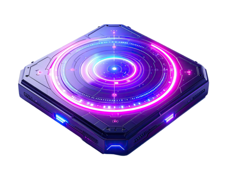 Futuristic, glowing, square device with circular interface