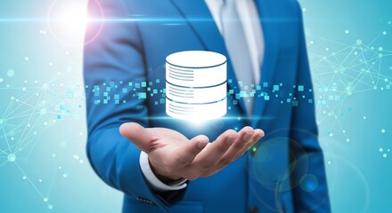 Businessman holding a glowing virtual database server icon.