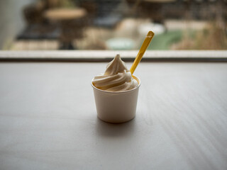 Vanilla Soft Serve Ice Cream in a Cup with Spoon