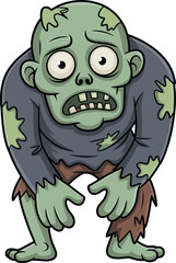 Funny cartoon zombie, green skin character, confused undead monster, Halloween illustration, spooky art, torn clothes, big eyes, scary comic style