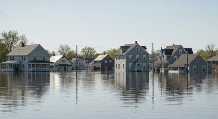 Fototapeta premium Submerged homes in a flooded neighborhood. Houses partially submerged in floodwaters. Calm water reflects the overcast sky