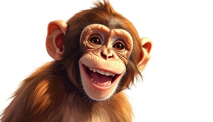 Close-up of a cheerful chimpanzee, with a wide, joyful expression, showcasing detailed fur and features against a plain white background.