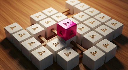 Unique pink cube stands out amongst the crowd of white wooden blocks