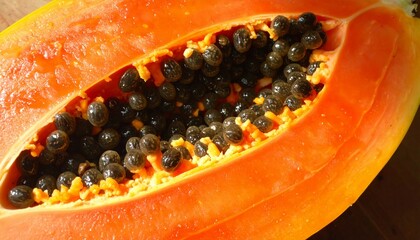 Vibrant, juicy papaya half reveals glistening black seeds and sweet orange flesh, perfect for health.