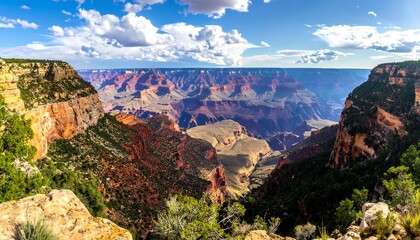 A breathtaking vista of the Grand Canyon, showcasing its vast expanse and vibrant hues under a clear sky.