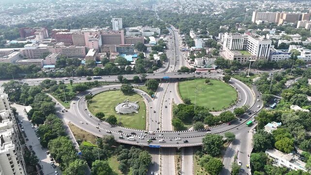 Aerial shot of the flyover with running traffic Near AIIMS New Delhi, India