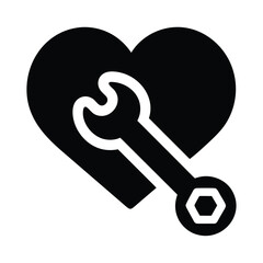 A black heart symbol with a wrench inside representing care and repair