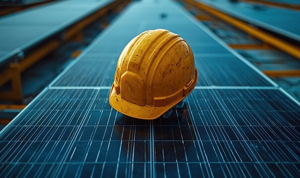 A yellow safety helmet rests on a rooftop solar panel array - Powered by Adobe