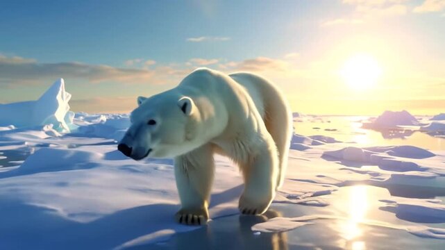 Polar Bear Walking on Ice Floe at Sunset in Arctic Landscape