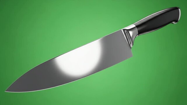 A sharp stainless steel chefs knife with a black handle on a green background