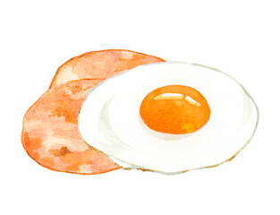 ハムエッグ（目玉焼き）　卵料理の手描き水彩イラスト素材