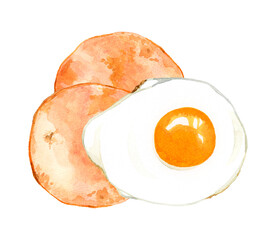 ハムエッグ（目玉焼き）　卵料理の手描き水彩イラスト素材
