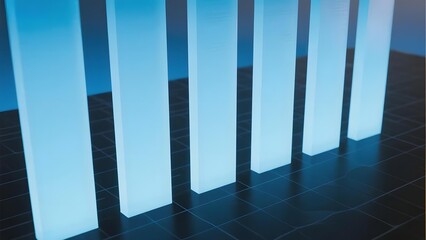 Abstract blue vertical bars on a grid floor, illuminated with soft light