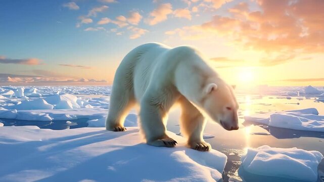 Polar Bear Walking on Ice Floe at Sunset