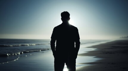 Solitary Reflection at Seaside: A man stands in silhouette against the sun, gazing out at the vast, reflective sea.